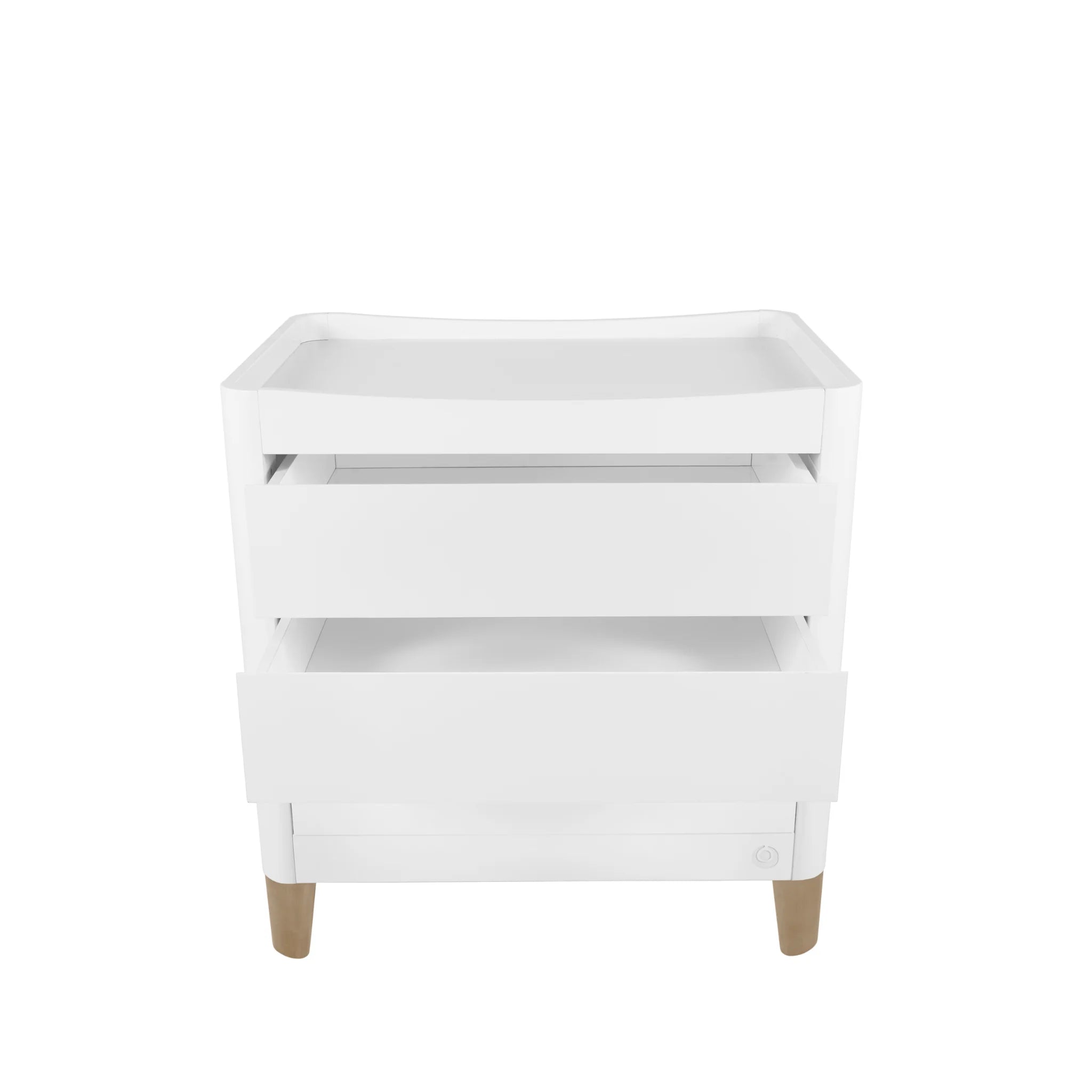 Front view of the Gaia Baby Serena Dresser with two drawers open, showcasing spacious nursery storage, soft-close functionality, and natural wood legs against a clean white background.