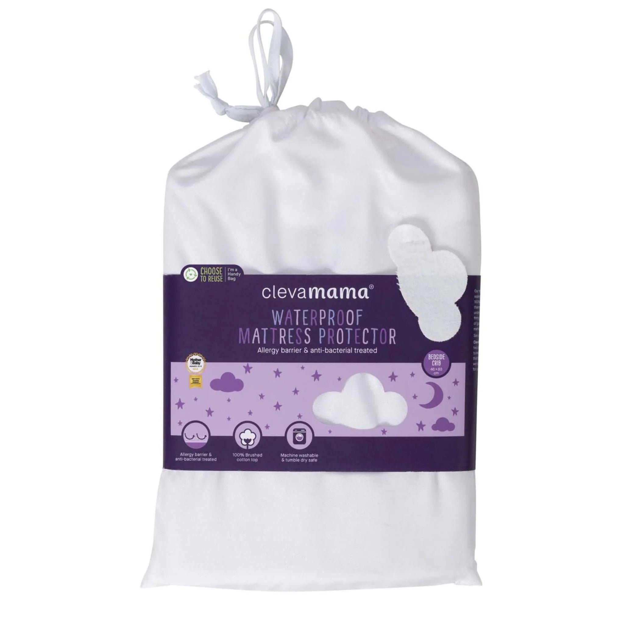ClevaMama waterproof brushed cotton mattress protector for bedside crib in reusable storage bag