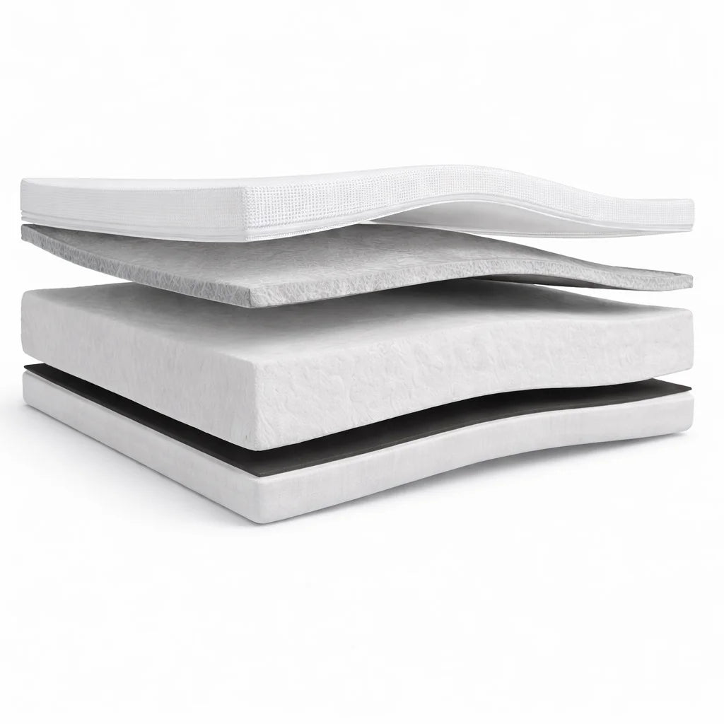 Exploded view of Gaia Baby Dual Fibre cot bed mattress showing layered construction.