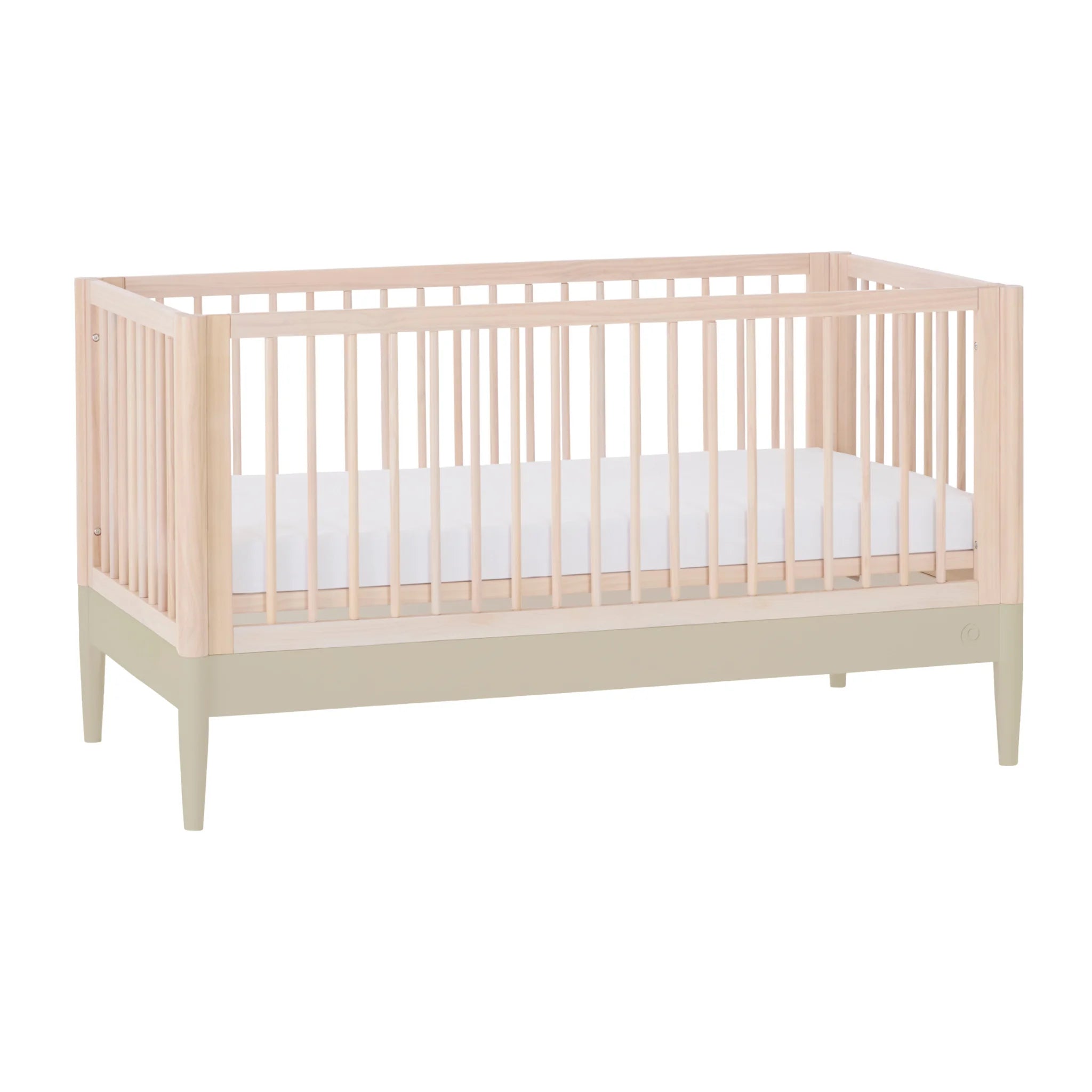Gaia Baby EOS natural wood convertible baby cot bed with sage base angled view