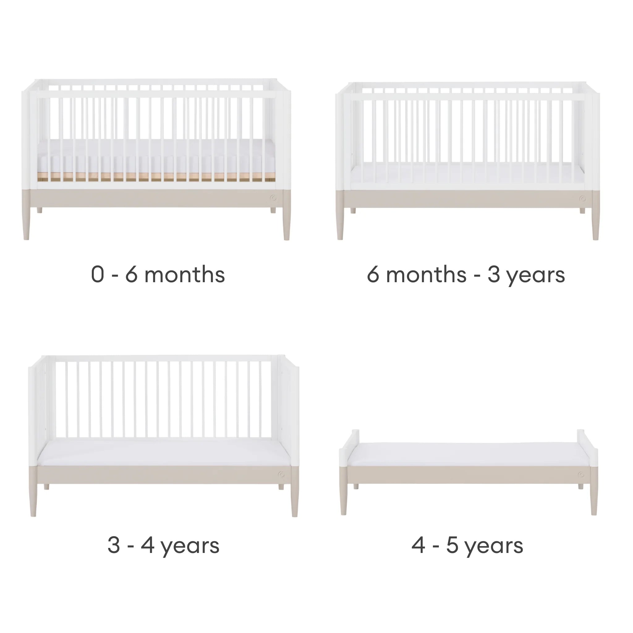 Étapes de conversion du lit de bébé convertible Gaia Baby EOS, du lit de nouveau-né au lit de tout-petit et au premier lit.