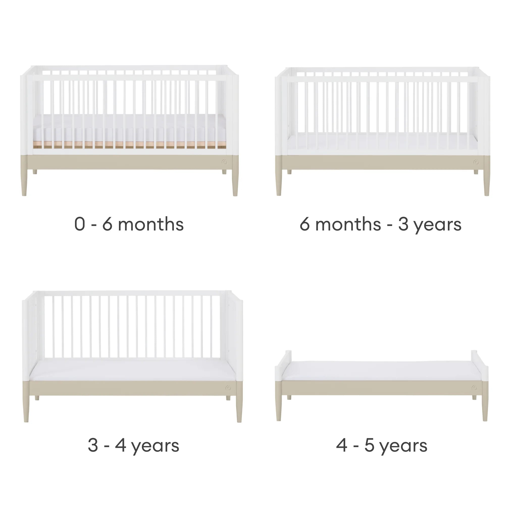 Gaia Baby EOS convertible cot showing stages from cot to toddler and first bed.