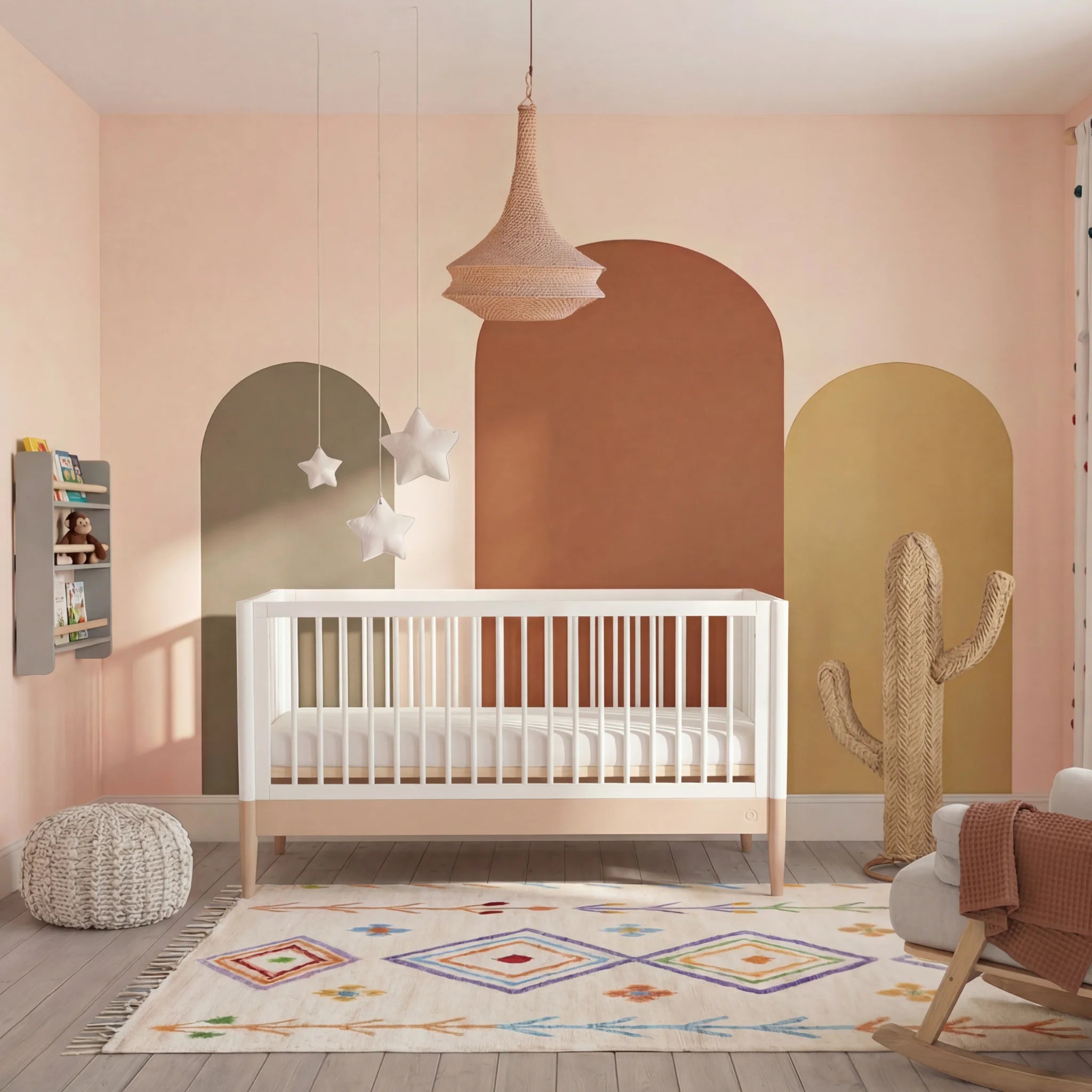 Gaia Baby EOS Cabrio-Kinderbett in Weiß und Naturholz in einem modernen Kinderzimmer.