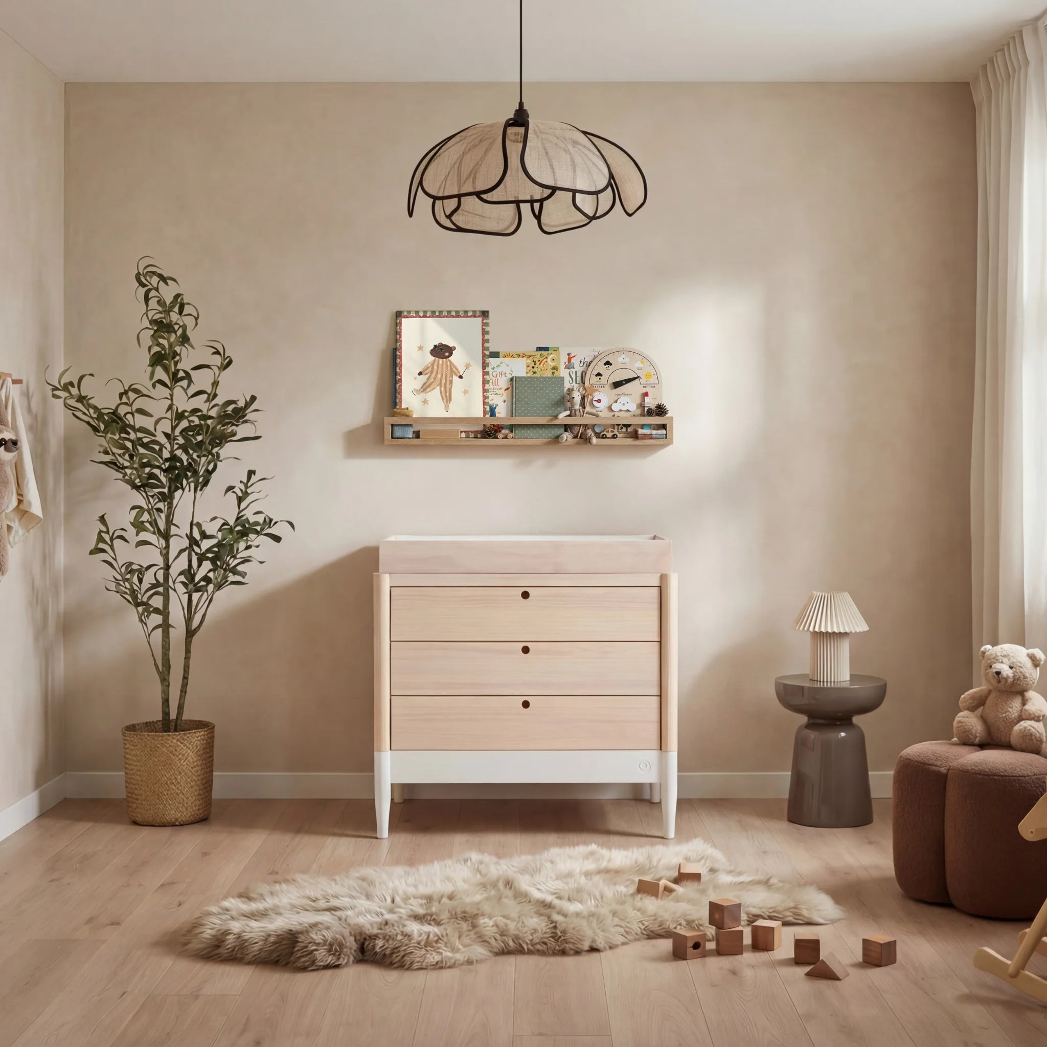 Modern nursery with Gaia Baby EOS dresser and changing table in natural wood and white