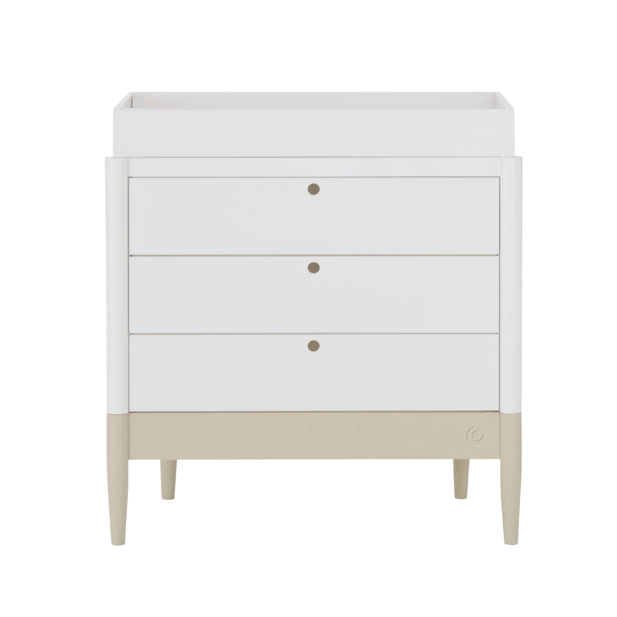 Gaia Baby EOS nursery dresser with changing top in white and desert sage.