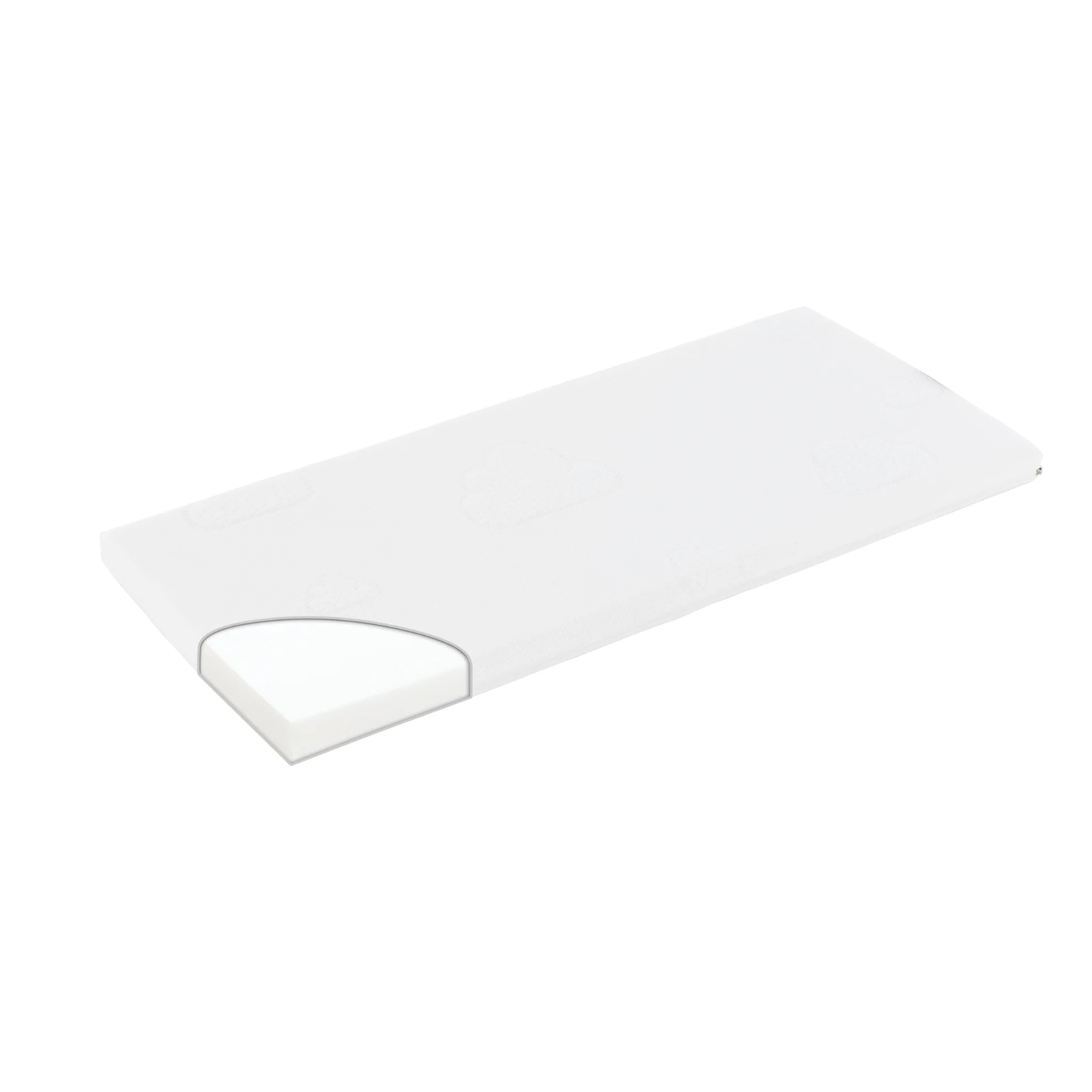 Colchón para cuna junto a la cama Gaia Baby Hera con esquinas contorneadas, en blanco sobre fondo blanco.