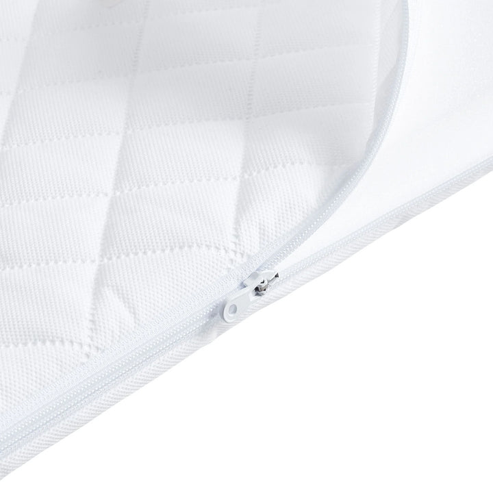 Close up of the baby-safe zipper on the mattress cover for the Hera Bedside Crib Mattress