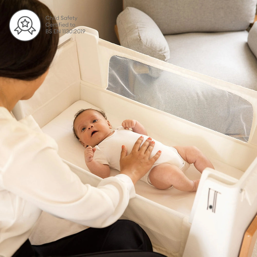 Hera real wood next-to-me crib with child safety certified icon to highest global standards in scandi white.