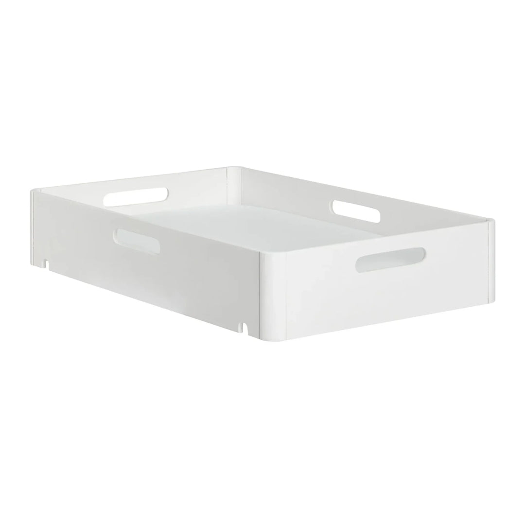 Angled view of Gaia Baby portable Hera baby changing station in white wood with removable waterproof changing pad insert.