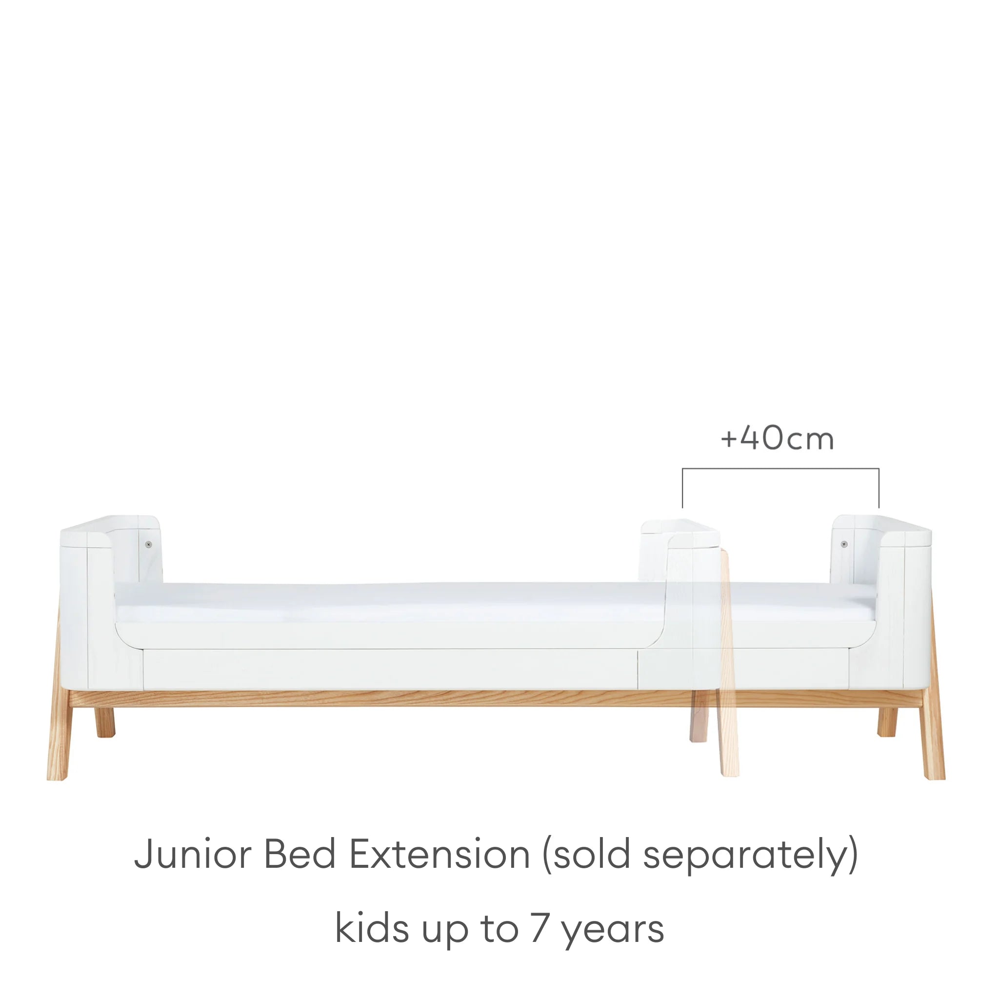 Front view showing the size difference between Gaia Baby Hera First Bed and Junior Bed in scandi white. Text reads: Junior Bed Extension (sold seperately) Suitable up to 7 years.