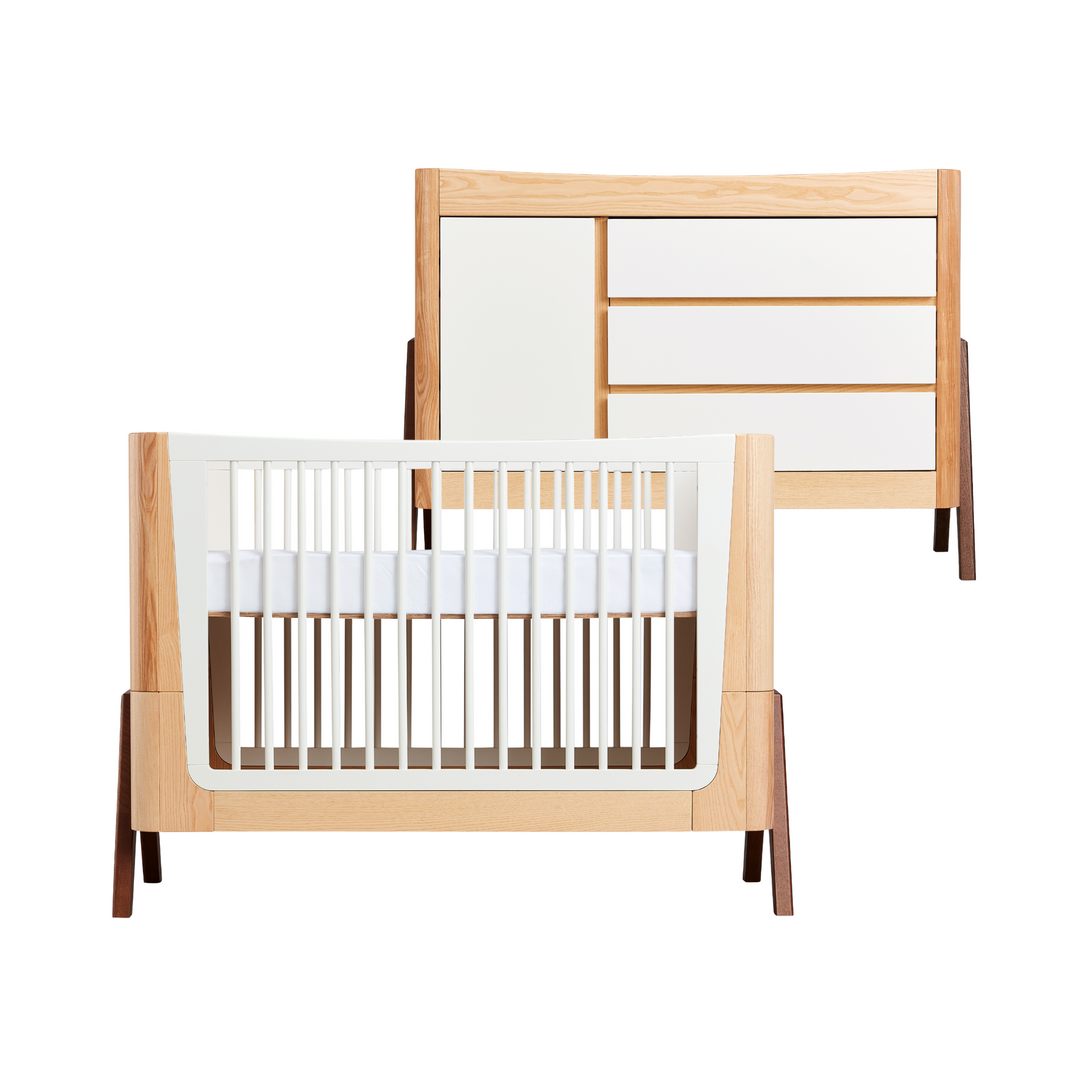Gaia Baby Hera 2-Piece Room Set in White Natural – includes wooden cot bed and matching dresser with 3 soft-close drawers and 1 cabinet.