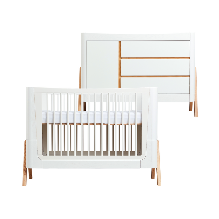 Gaia Baby Hera 2-Piece Room Set in Scandi White – includes wooden cot bed and matching dresser with 3 soft-close drawers and 1 cabinet.