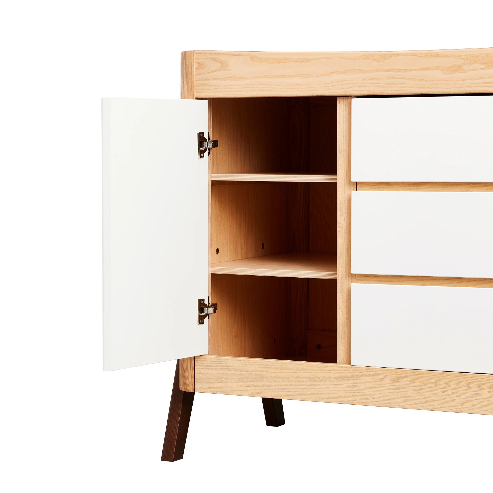 Hera Dresser natural ash with cupboard door open revealing adjustable shelving.
