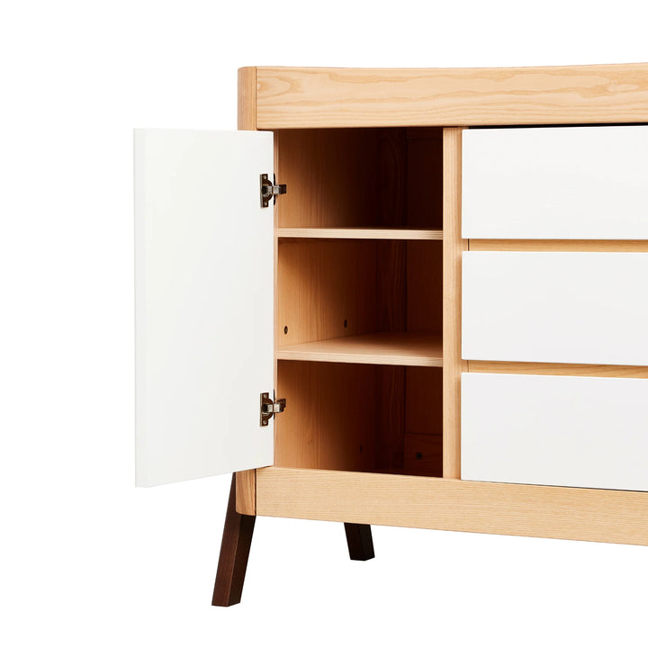 Hera Dresser natural ash with cupboard door open revealing adjustable shelving.
