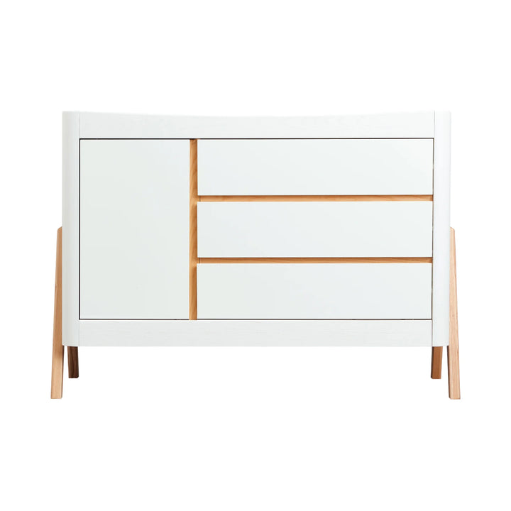 Front view of Gaia Baby Hera Nursery Dresser in scandi white with 3 drawers and 1 cabinet door.