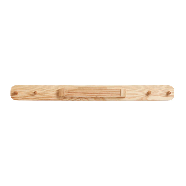 The ash wood Hera hanging peg rail viewed from the front with 4 pegs and a bespoke hanging area in the middle for the Gaia Baby Changing Station