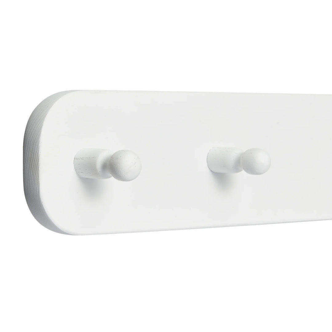 The white Hera hanging peg rail viewed from a 45 degree angle zoomed in on the end with 2 pegs visible.