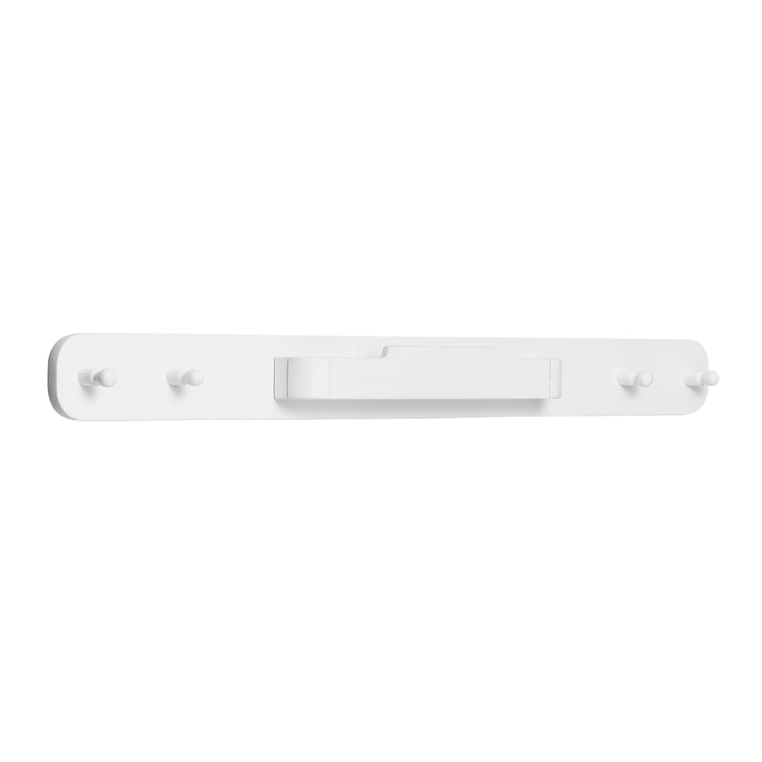 The white Hera hanging peg rail viewed from a 45 degree angle with 4 pegs and a bespoke hanging area in the middle for the Gaia Baby Changing Station