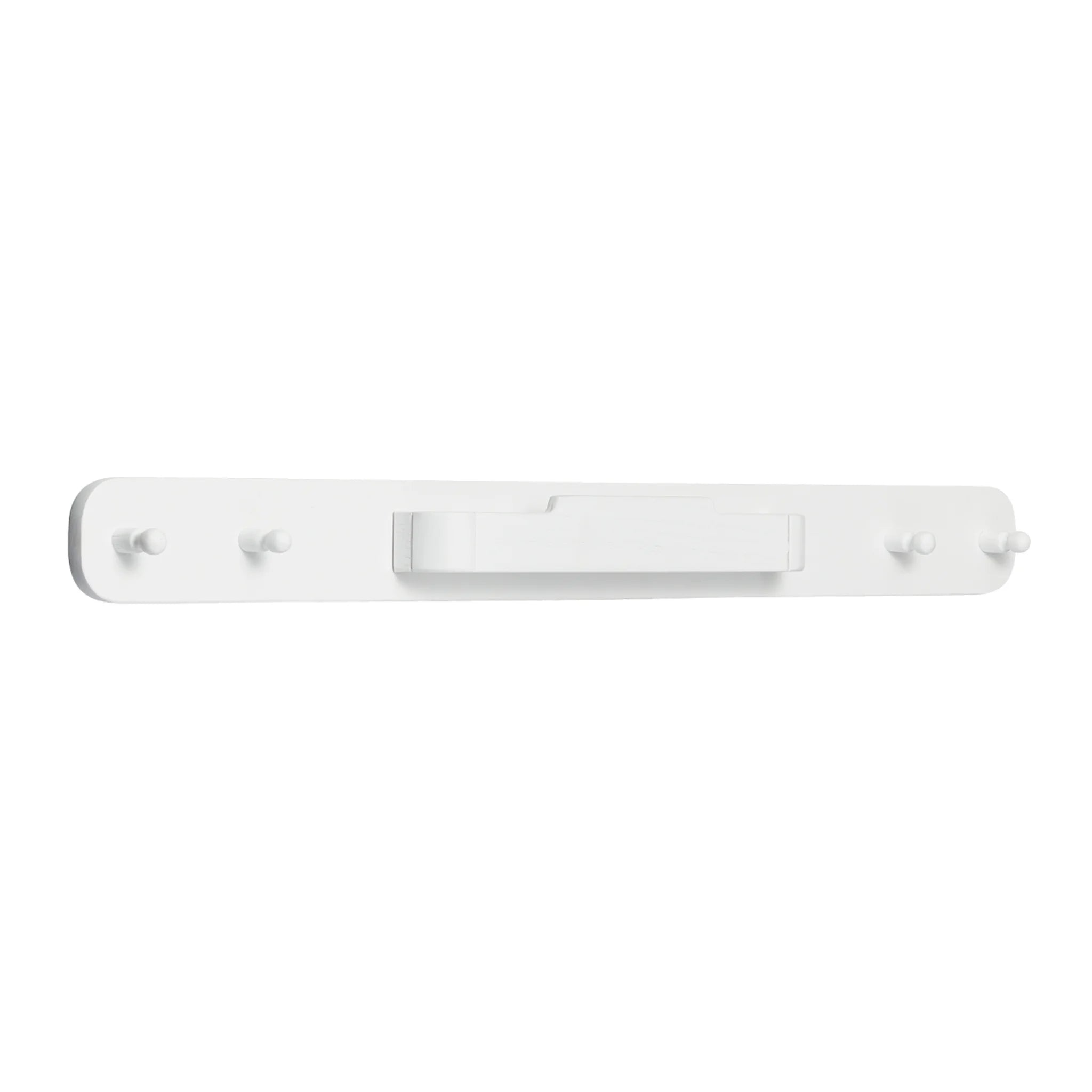 The white Hera hanging peg rail viewed from a 45 degree angle with 4 pegs and a bespoke hanging area in the middle for the Gaia Baby Changing Station