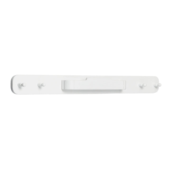 The white Hera hanging peg rail viewed from a 45 degree angle with 4 pegs and a bespoke hanging area in the middle for the Gaia Baby Changing Station