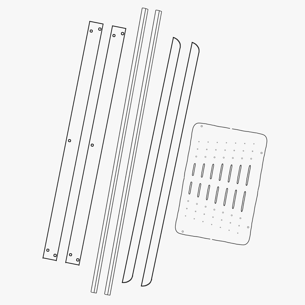 Illustration of the 7 parts included in the Gaia Baby Hera Junior Bed Extension Kit, used to expand the Hera Cot.