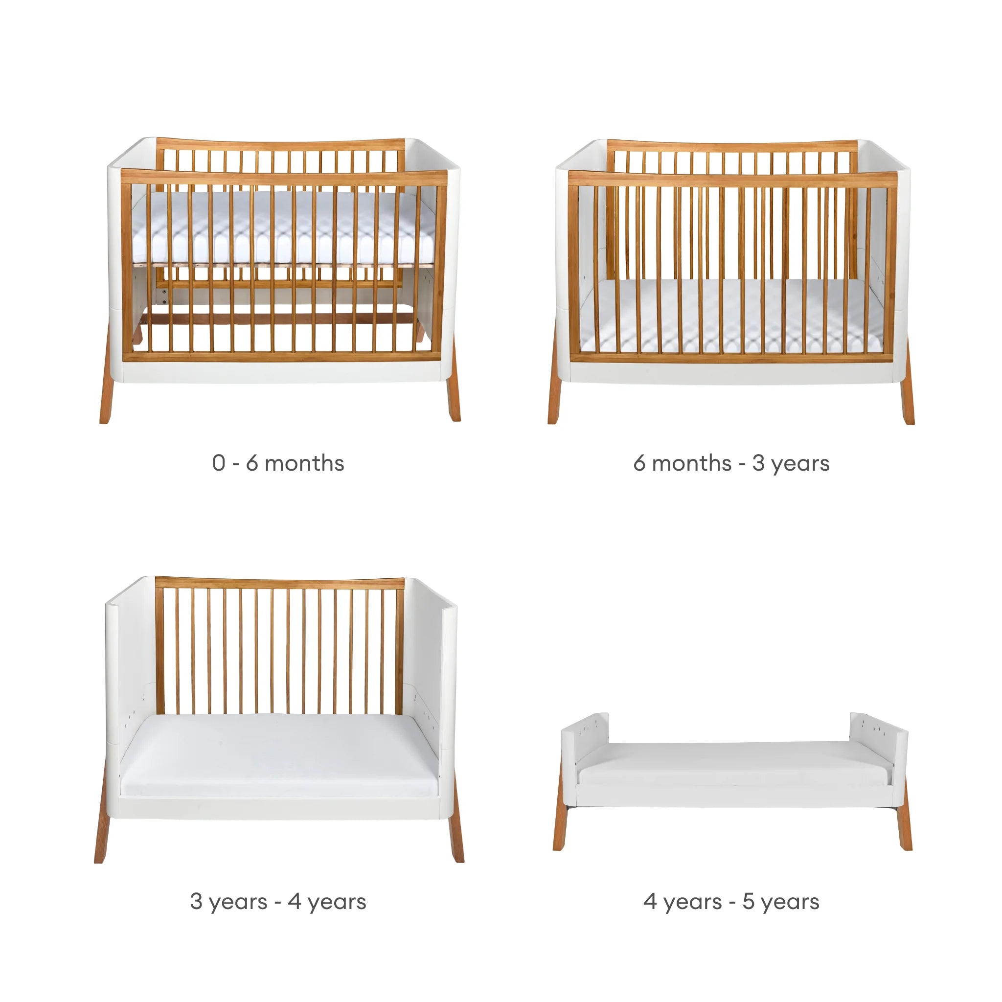 Die Entwicklung des Gaia Baby Hera Kinderbetts wird in vier Phasen gezeigt: Neugeborenenbett (0–6 Monate), Babybett (6 Monate–3 Jahre), Kleinkindbett (3–4 Jahre) und Juniorbett (4–5 Jahre), alles in Weiß und Eiche auf einem sauberen weißen Hintergrund.