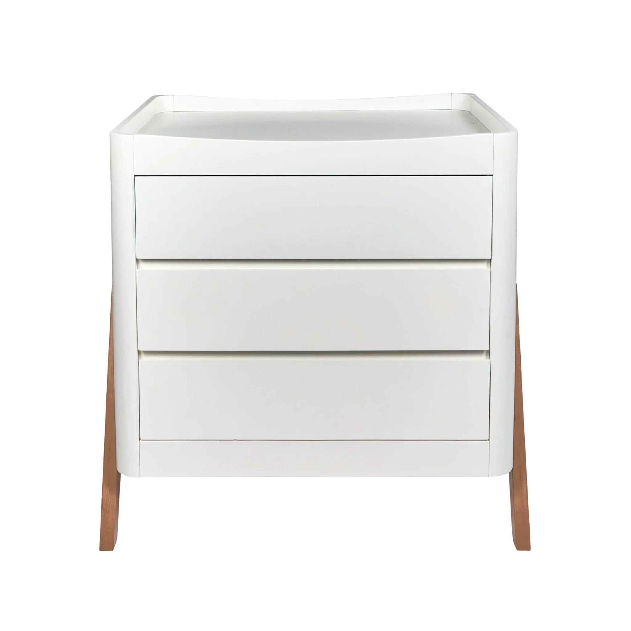 Front view of a white Gaia Baby Hera dresser with three drawers and natural wooden legs, isolated on a white background.
