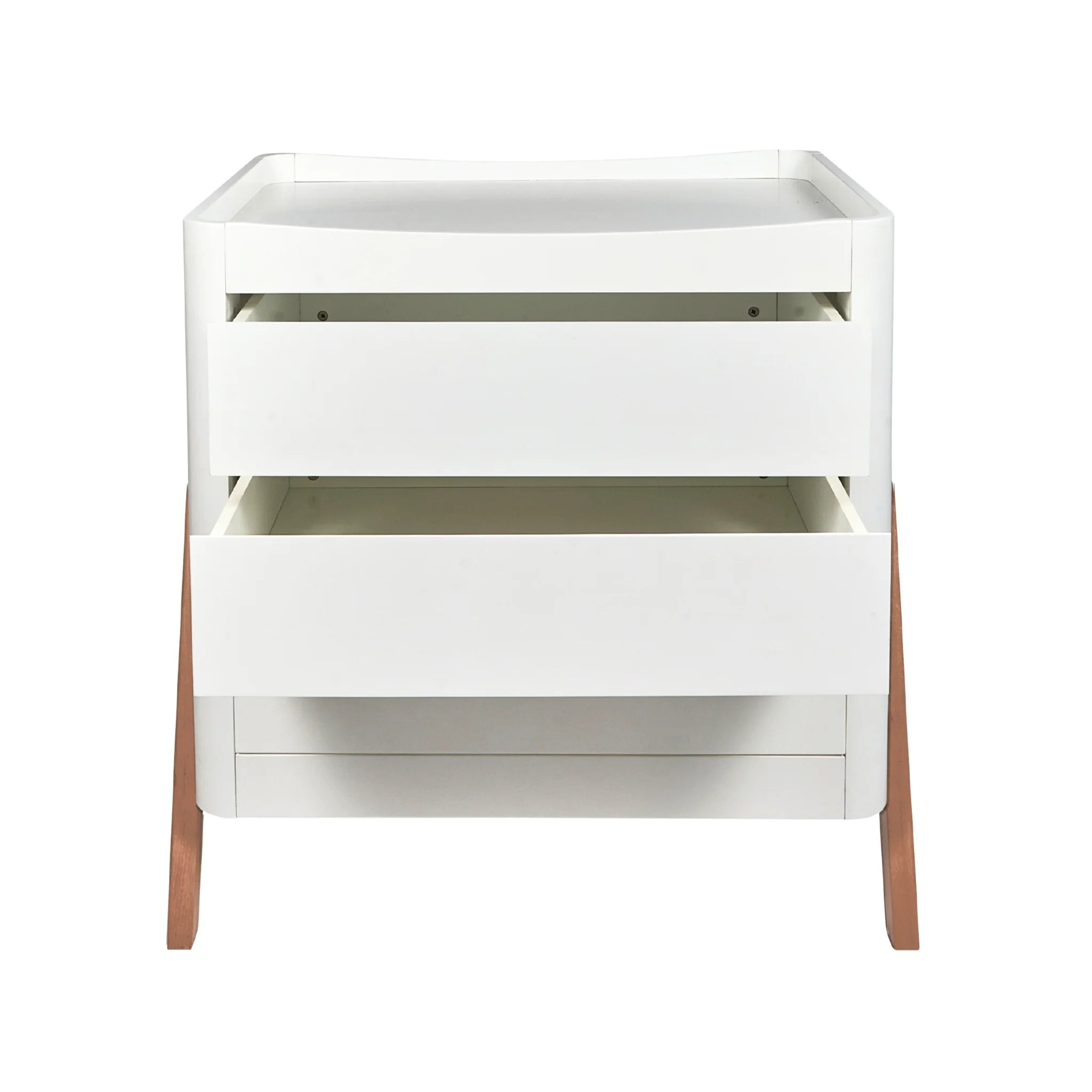 Front view of the Gaia Baby Hera dresser in a white and natural oak finish, featuring two spacious drawers partially open to showcase storage capacity, with a built-in changing top and angled wooden legs on a white background.