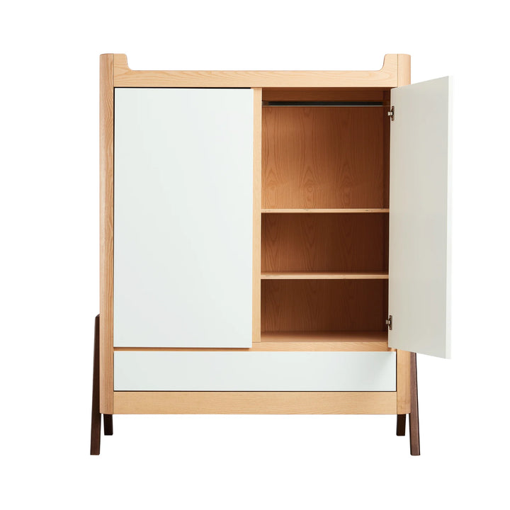 Front view of Gaia Baby Hera Nursery wardrobe in scandi white wood with right door open showing hanging rail and three shelves for storage of baby clothes.