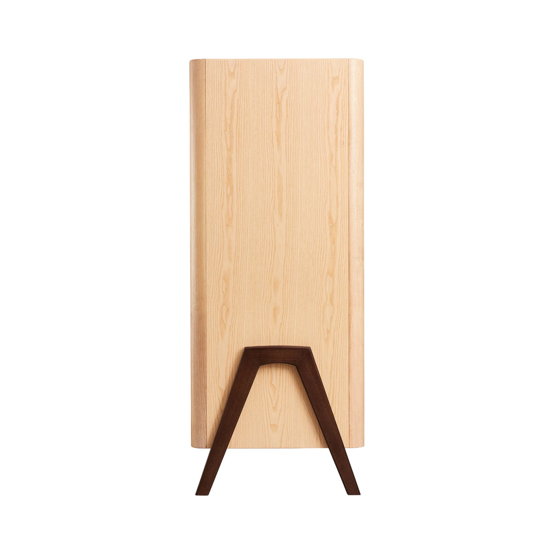 Side view of Gaia Baby Hera wardrobe in white natural showing real wood grain and walnut A-frame legs.