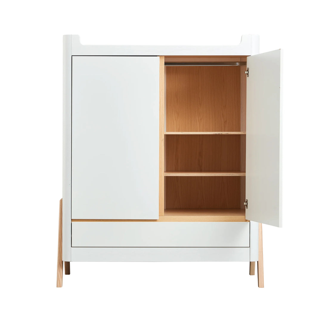 Front view of Gaia Baby Hera Nursery wardrobe in white natural wood with right door open showing hanging rail and three shelves for extra nursery storage.