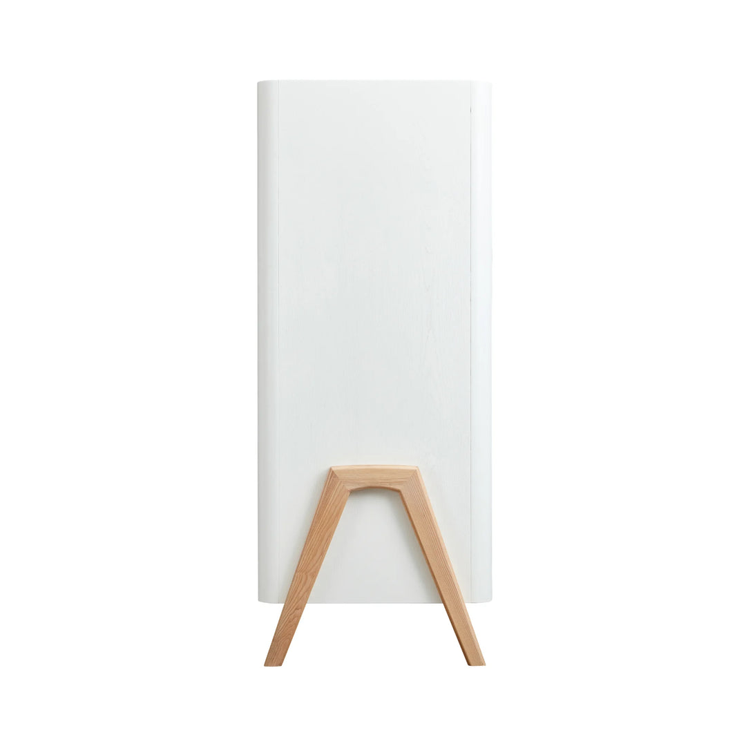 Side view of Gaia Baby Hera wardrobe in scandi white showing real wood grain and ash wood A-frame legs.