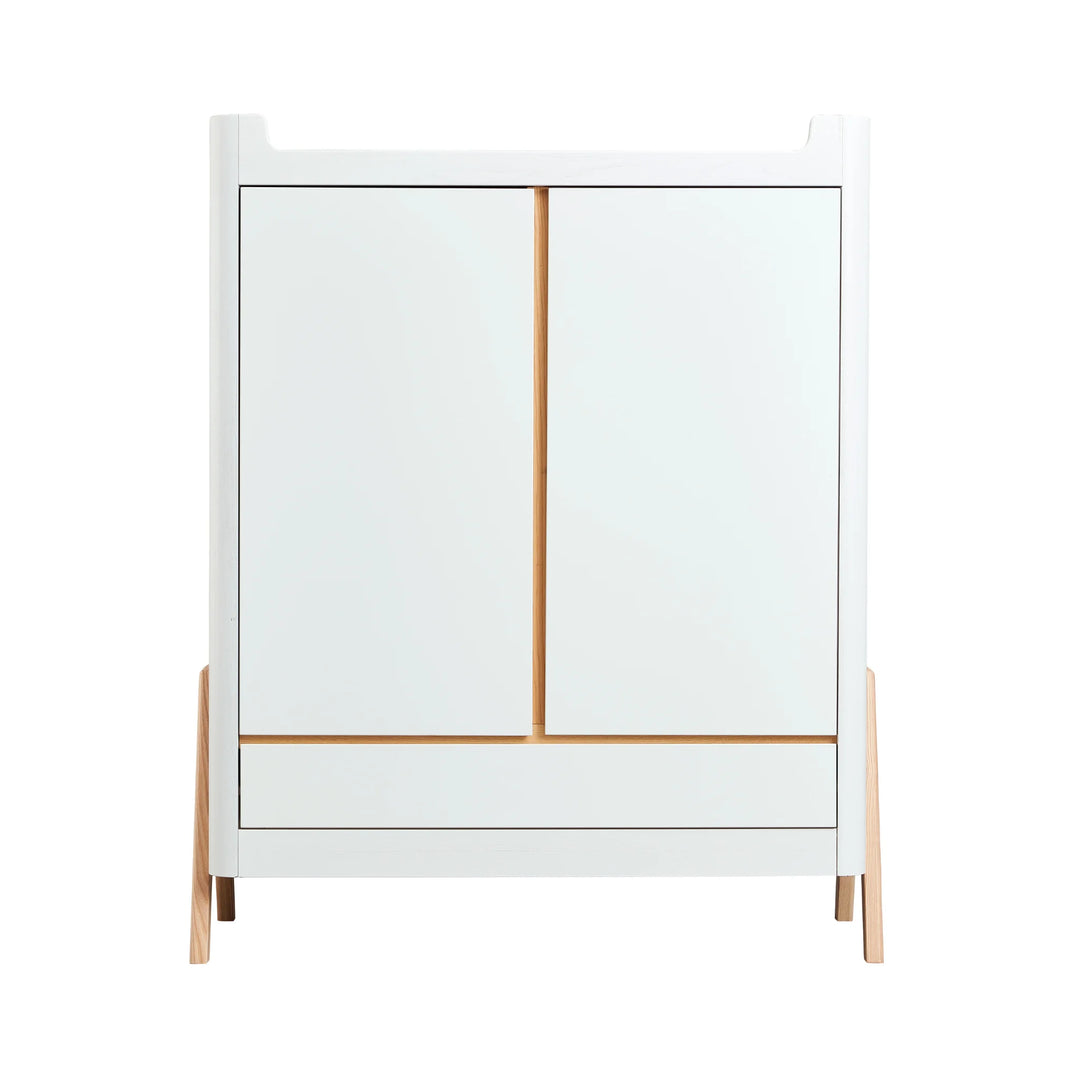 Front view of Gaia Baby Hera nursery wardrobe in scandi white featuring 2 doors and a full width drawer below.