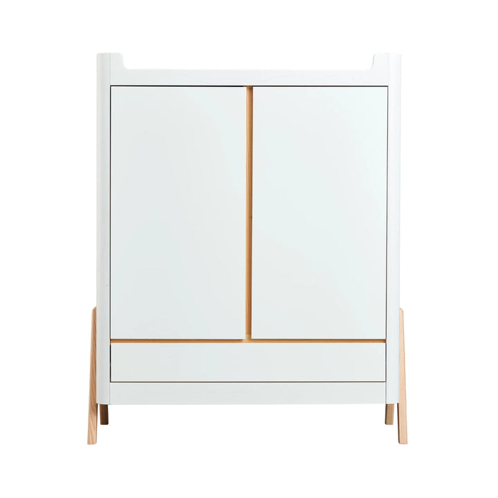 Front view of Gaia Baby Hera nursery wardrobe in scandi white featuring 2 doors and a full width drawer below.