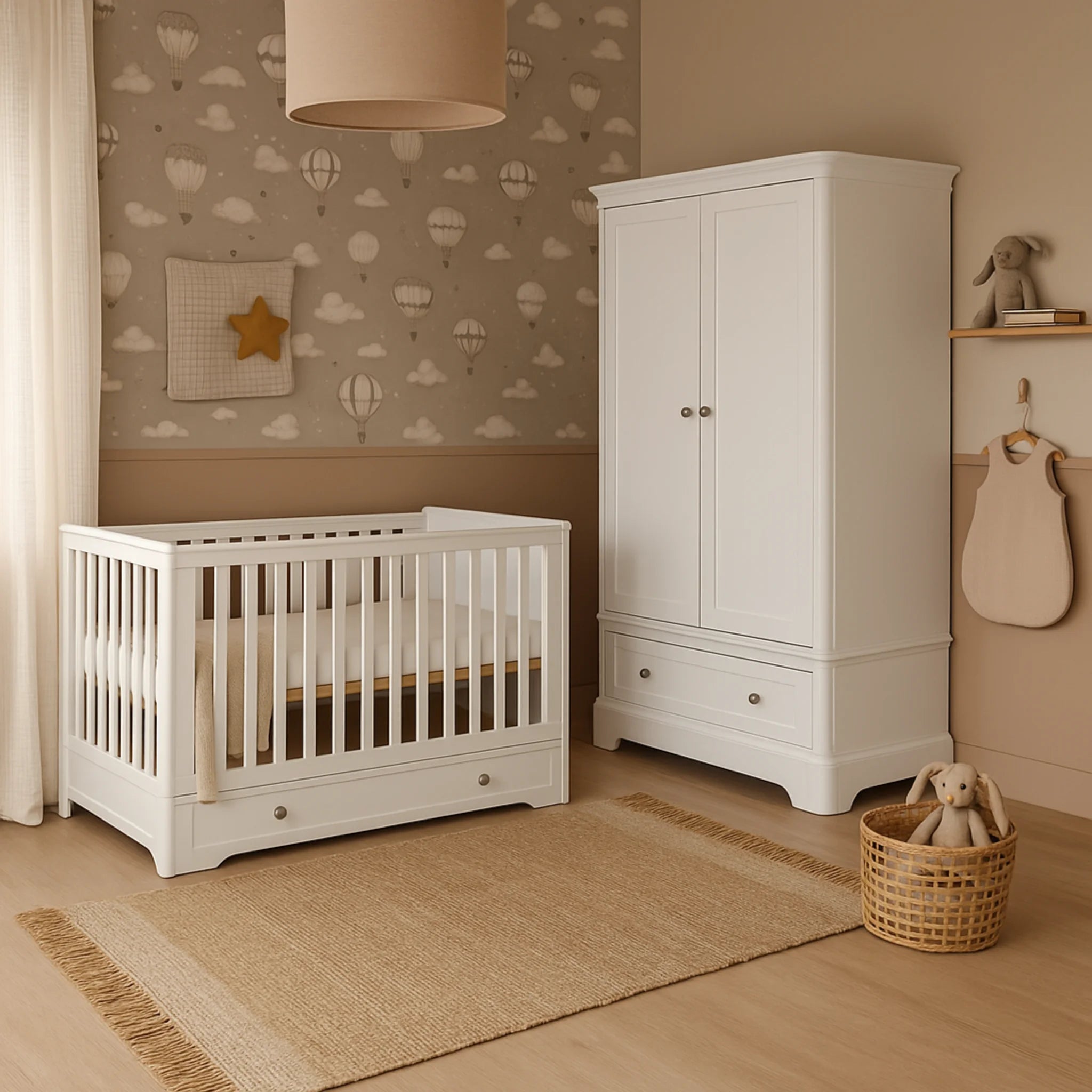Nursery room with white cot and wardrobe against a wall with cloud and hot air balloon pattern.