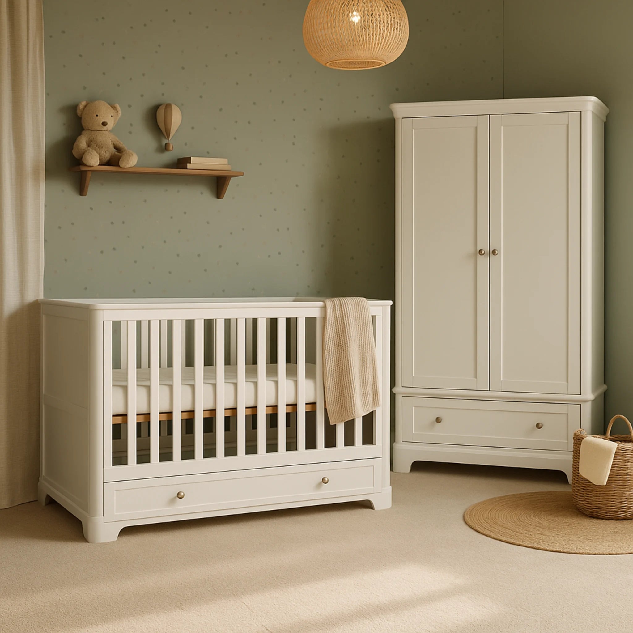 Nursery room with white cot, wardrobe, and decorative elements.