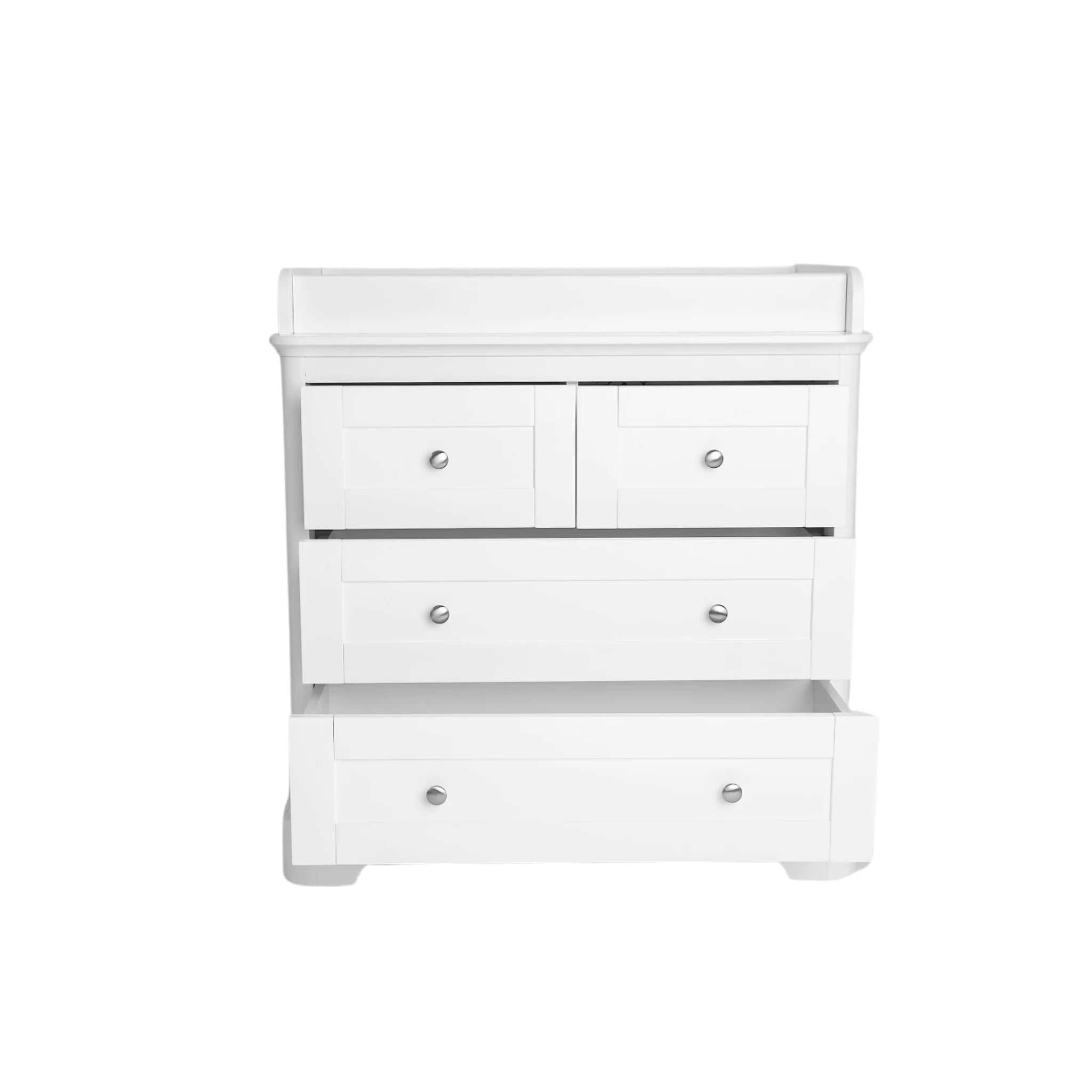 Gaia Baby Leto white dresser with baby changing top shown with drawers open on a white background