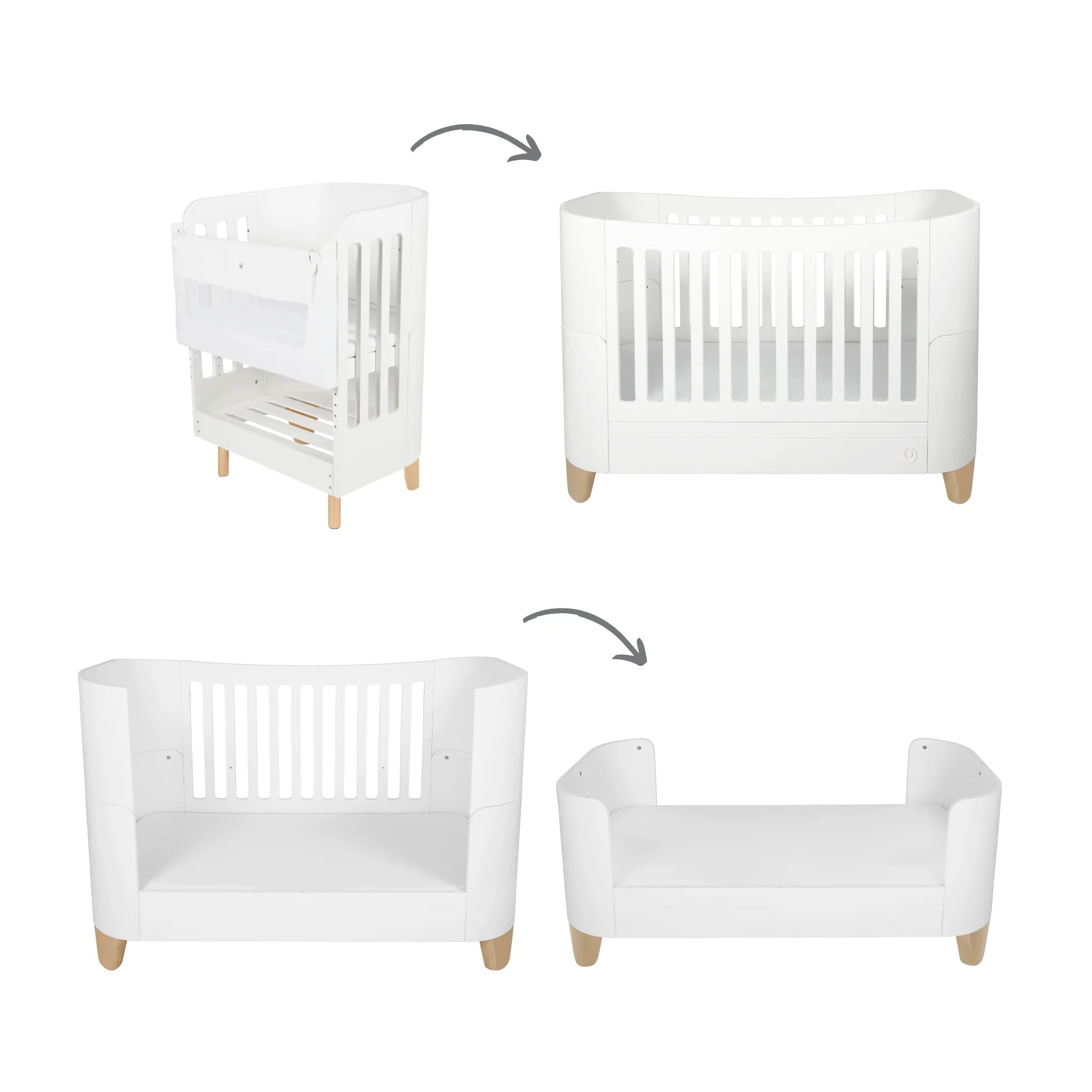 Gaia Baby Serena cot bed and bedside crib with natural wood legs, convertible white baby cot transforming from newborn bedside sleeper to toddler bed in modern Scandinavian nursery design.
