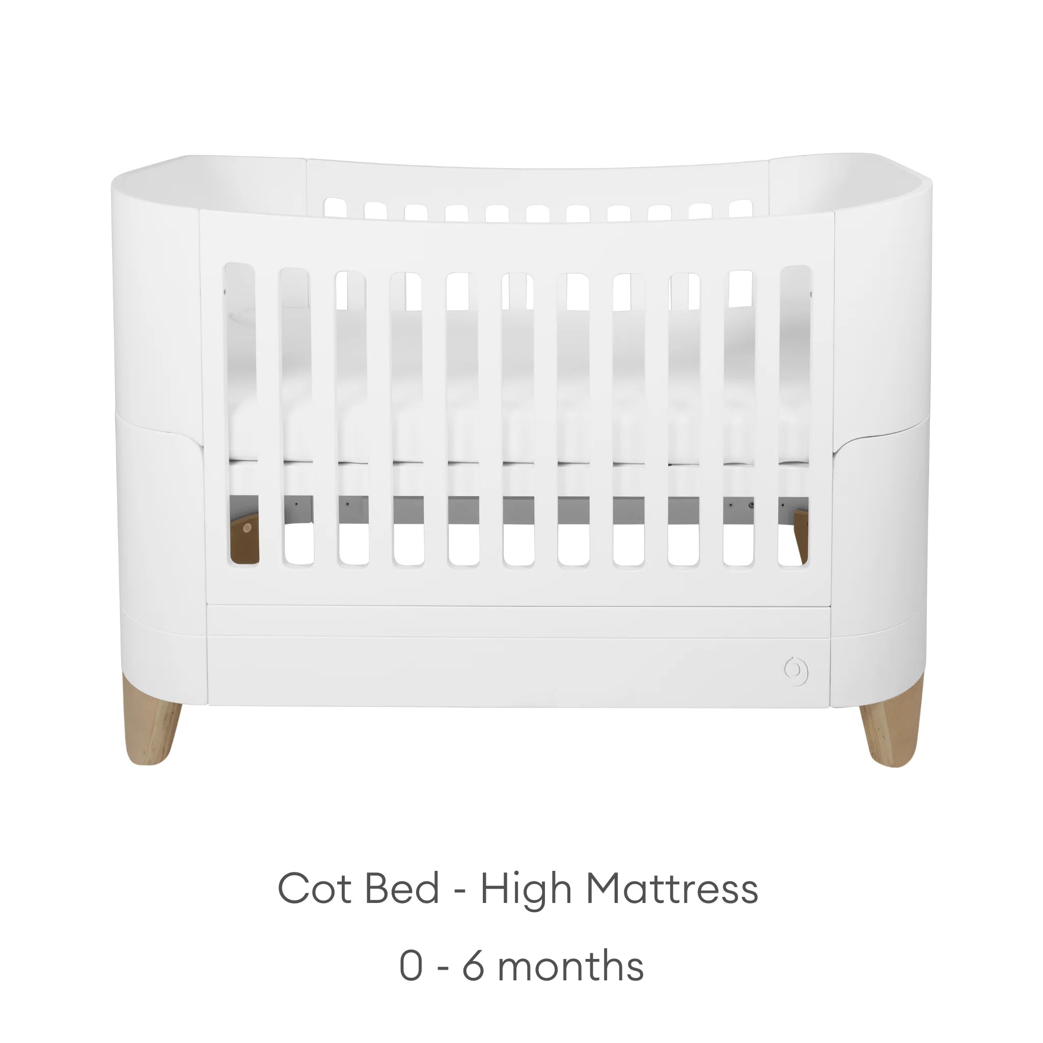 Front view of the white Serena cot bed in high mattress mode for newborns aged 0–6 months, featuring natural wood legs and a minimalist modern design.