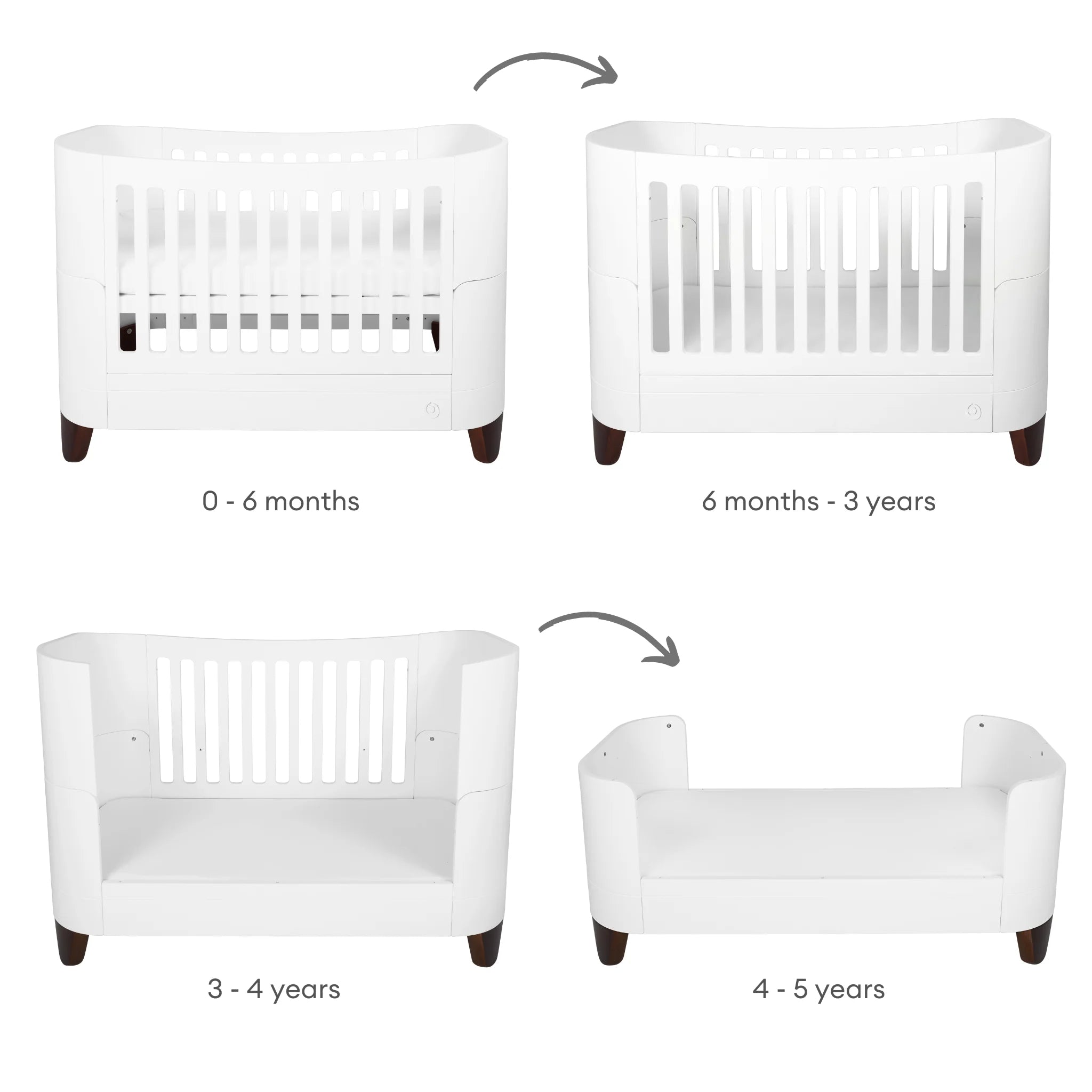 Illustration of the Serena cot bed with walnut legs evolving through each stage of childhood — from newborn cot to toddler bed and first bed — with age ranges clearly displayed on a clean white background.