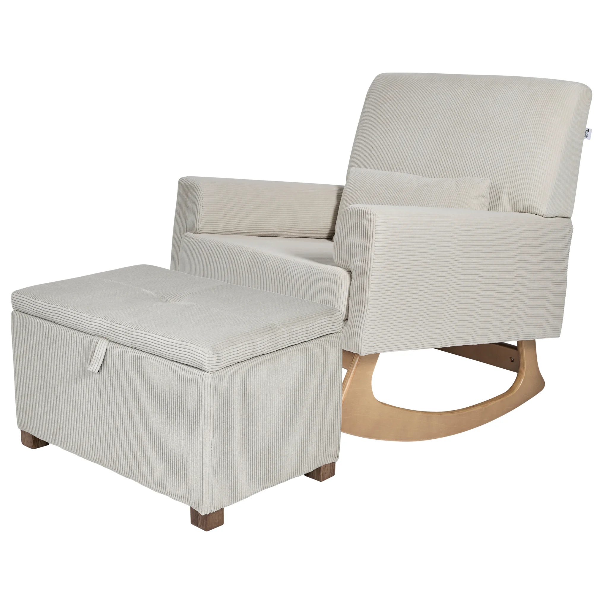 Gaia Baby Serena rocking chair and storage footstool set in ecru corduroy fabric with natural wood rocking base, modern nursery feeding chair and ottoman for Scandinavian style baby room decor.