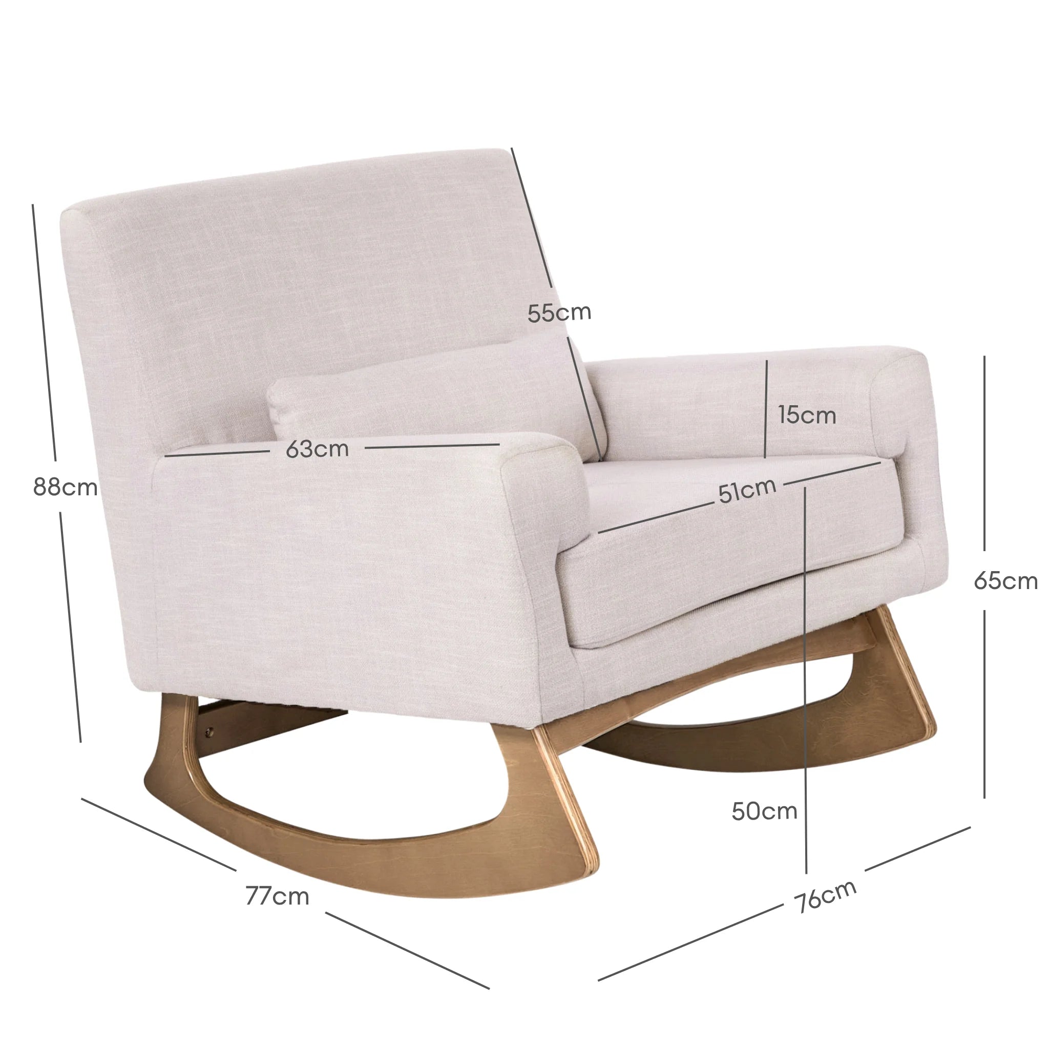 Gaia Baby Serena rocking nursing chair dimensions in oat fabric with oak rocking legs