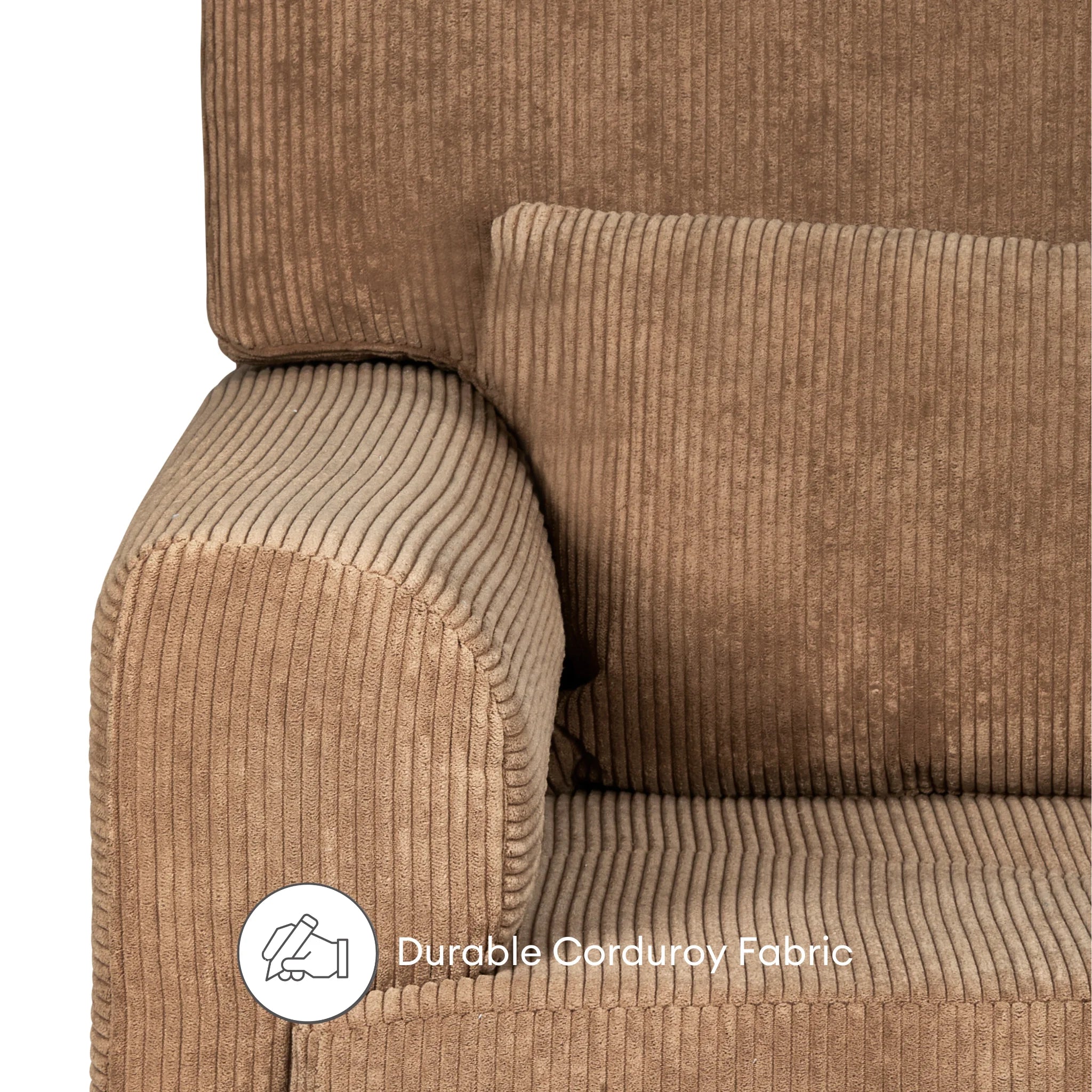 Close-up of durable caramel corduroy upholstery on Gaia Baby Serena nursing chair