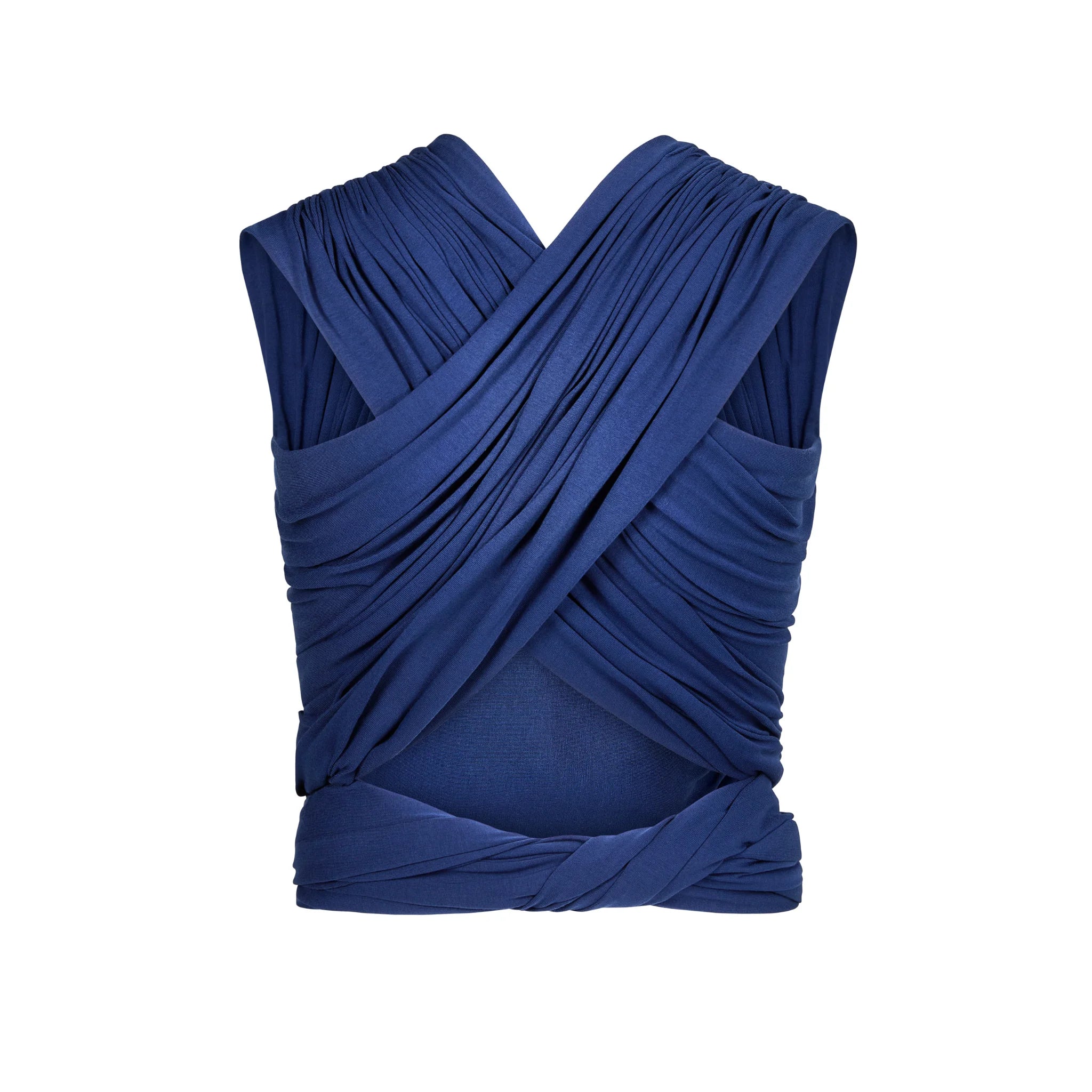 Gaia Baby organic cotton stretchy baby wrap carrier in Midnight Tide, back view showing cross-over support straps for newborn babywearing