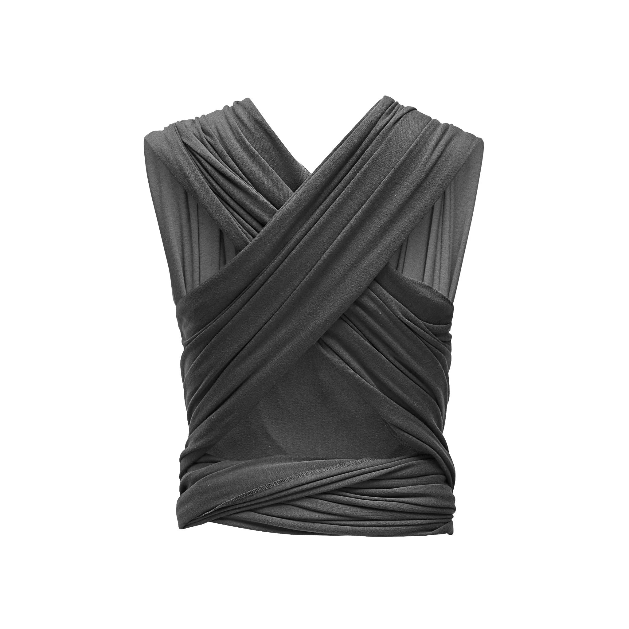 Gaia Baby organic cotton stretchy baby wrap carrier in Graphite, back view showing cross-over support straps for newborn babywearing