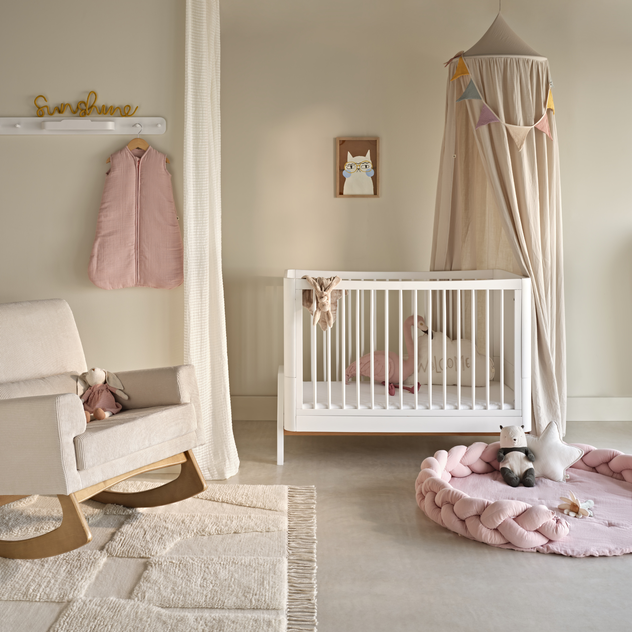 Blush muslin baby canopy for cot, crib or nursery décor by Gaia Baby Maia, breathable cotton canopy for kids room, award-winning nursery accessory.
