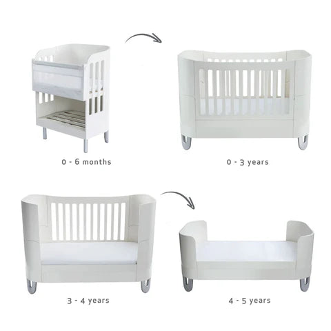 Gaia Baby Serena cot bed conversion stages from co-sleeper crib to junior bed for ages 0–5 years