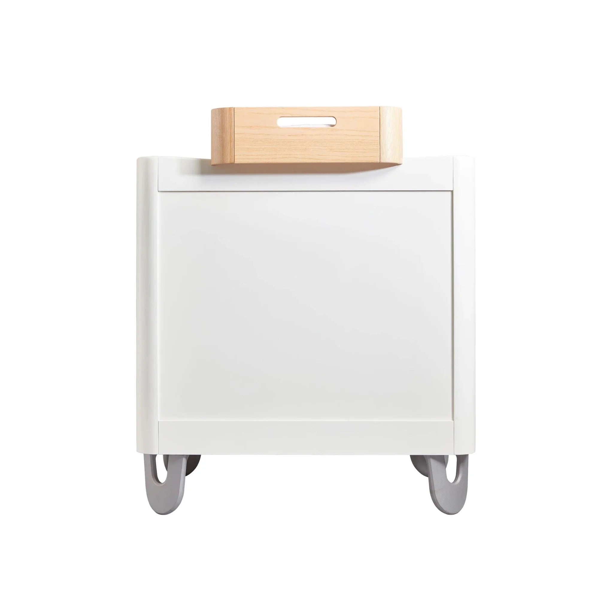 Back view of Gaia Baby Serena white dresser with wooden changing tray on top