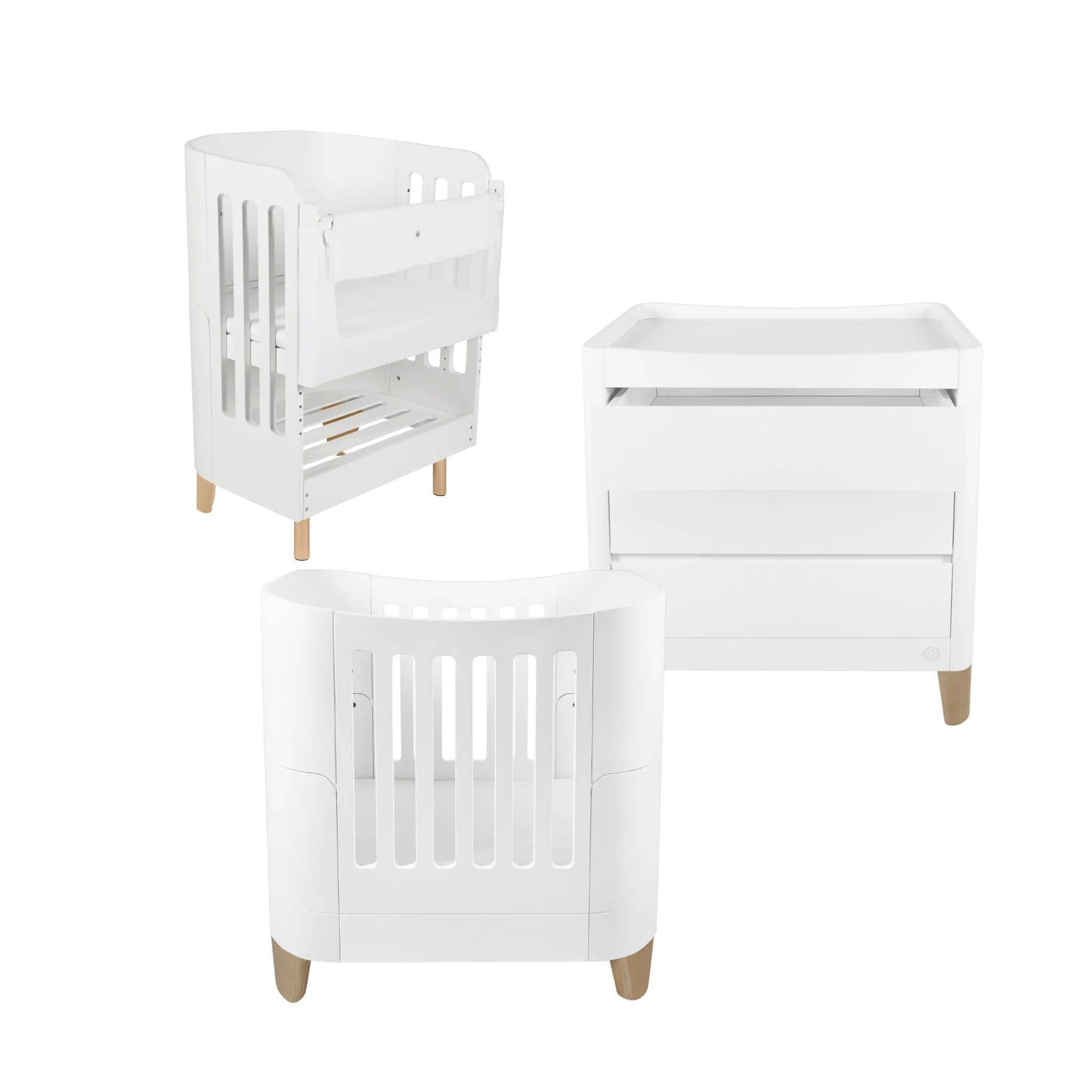 Gaia Baby Serena mini cot bedside crib and dresser set in white with natural wood legs, shown on a white background.