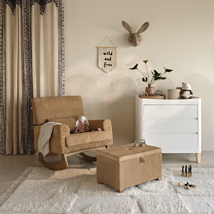 Gaia Baby Serena Nursing Chair in Caramel Corduroy with a matching Corduroy Footstool